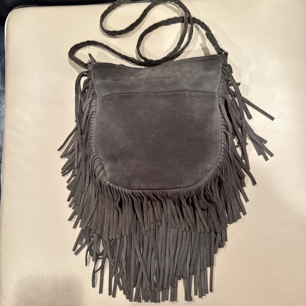 Ecote Boho Gray Suede Crossbody Tiered Fringe, Made In India
